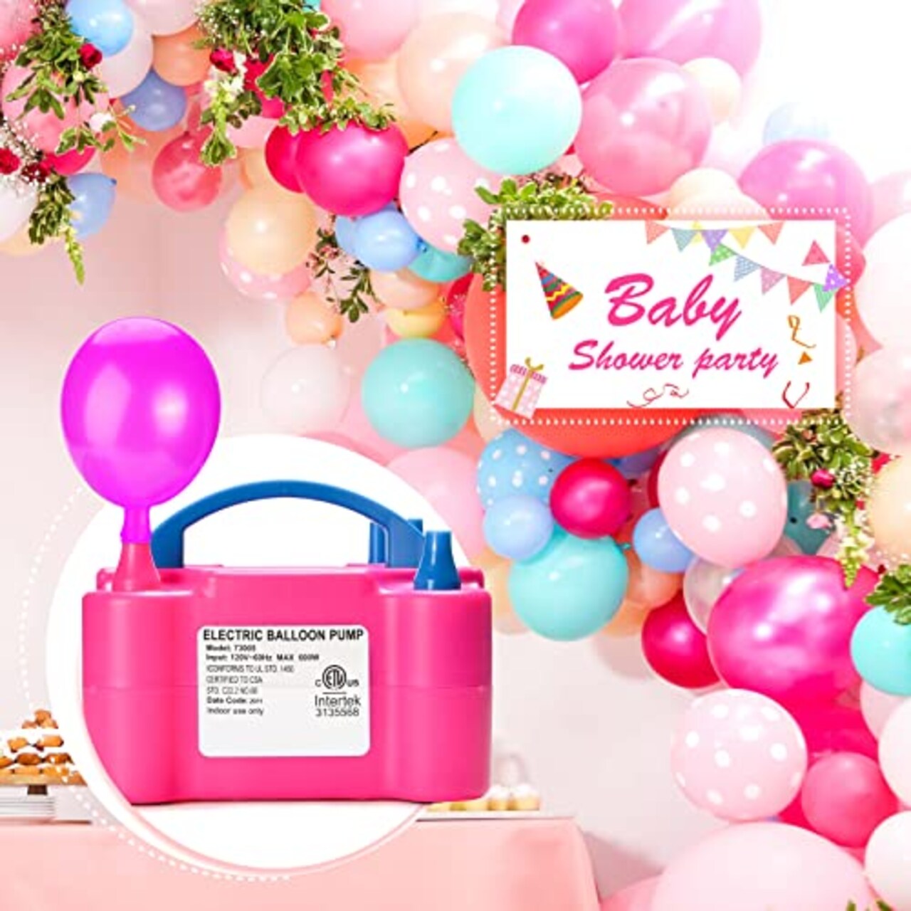 Electric Air Balloon Pump, 110V 600W Portable Dual Nozzle Inflator/Blower in Rose Red for Party Decorations